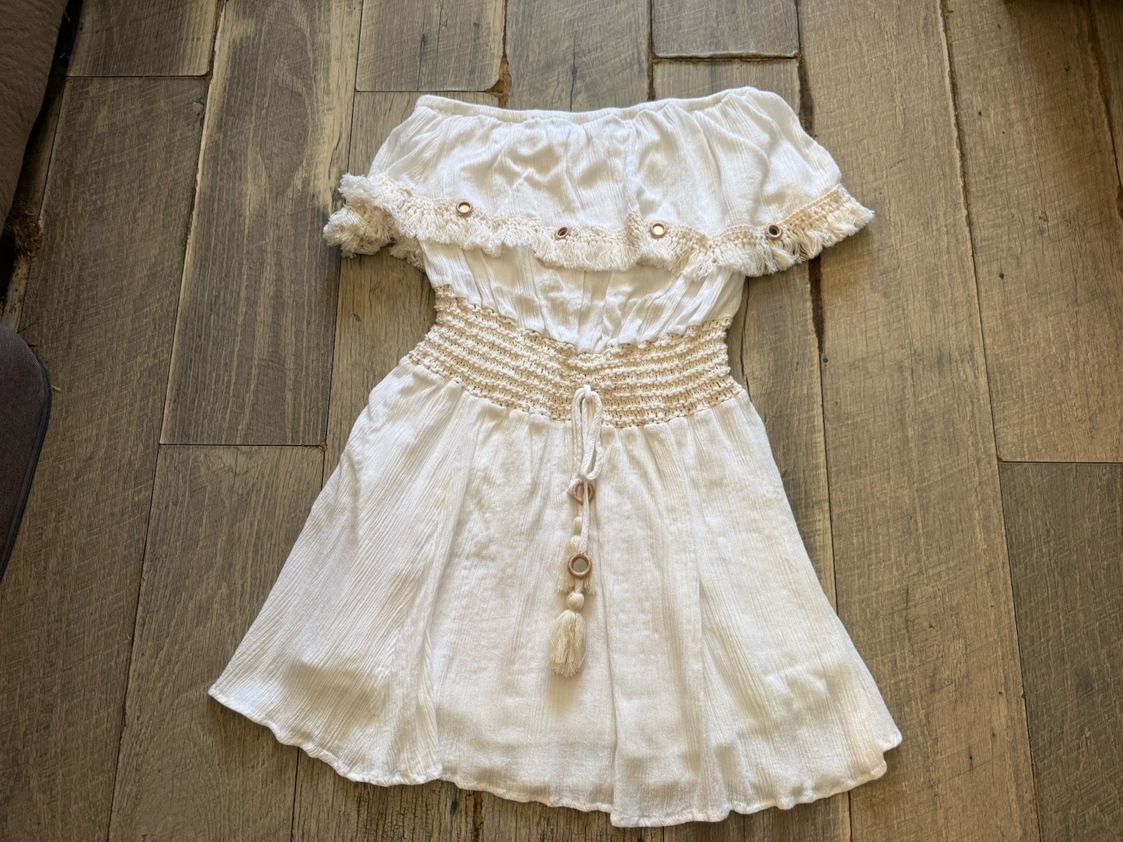 Ocean Drive off white strapless crochet fringe dress cover-up size S
