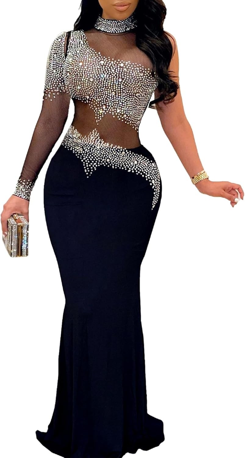 Women Sexy Elegant Rhinestone Mesh See Through Evening Dresses Party Club Night
