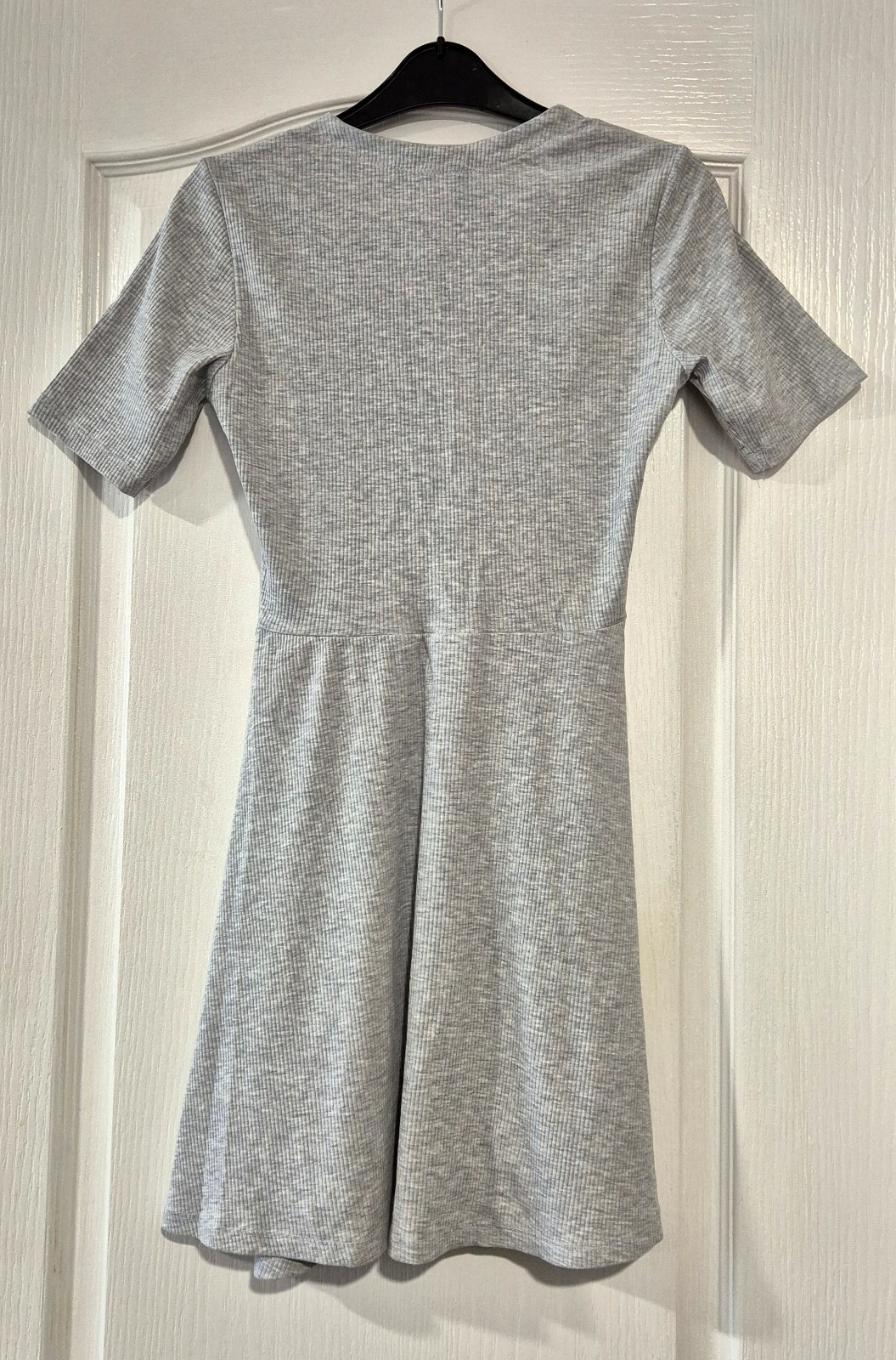 Grey Ribbed Lace-Up Mini Dress – Short Sleeve A-Line Skater Dress