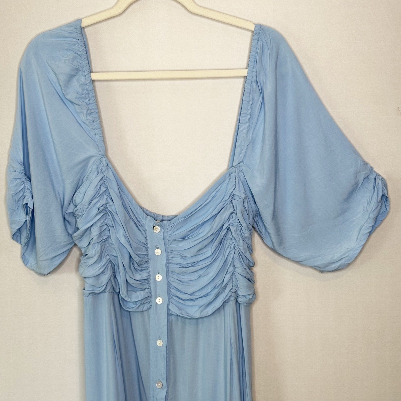 ELF Made By Hand Bali Blue Ruched Button Front Puff Sleeve Midi Dress Size XL