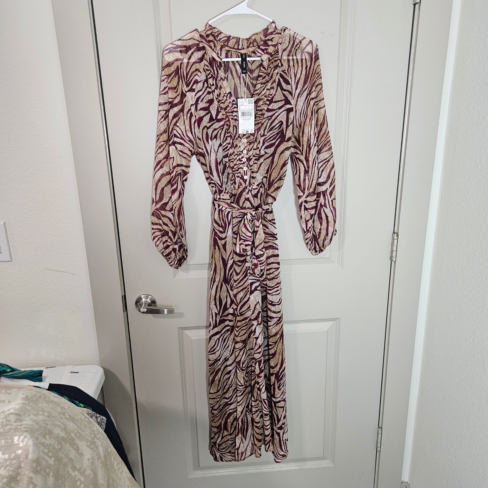 Mango 423Colombia Zebra Print Maxi Dress Burgundy Tan Long Sleeve NWT Size 4 S