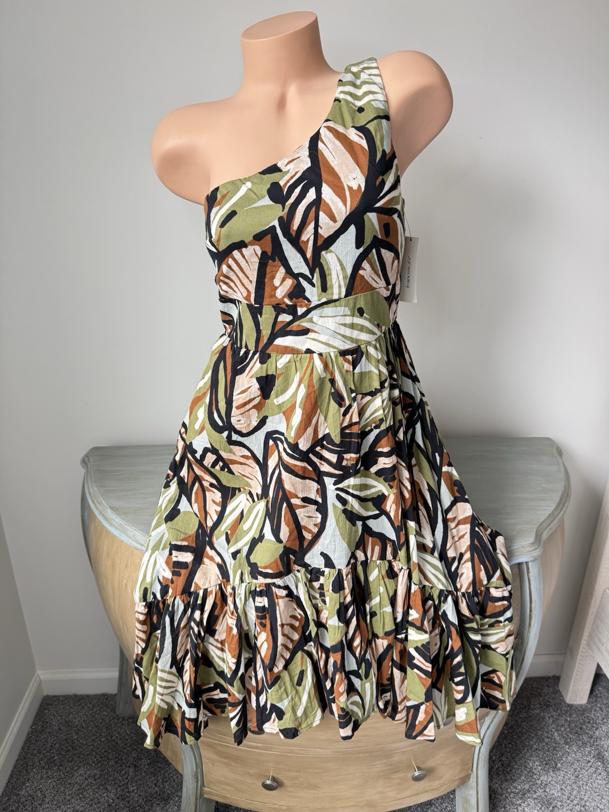 One Shoulder Dress Resortwear Tropical Palm Audrey Parks Sz S Coastal Tiered Fun