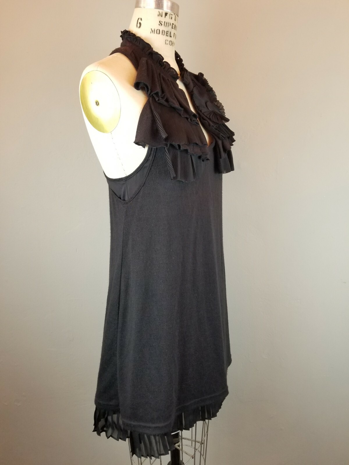 RYU Womens Size Small Pleated Ruffled Black Dress with Floral Embellishments