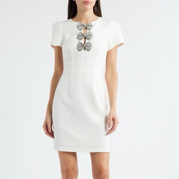 New Sam Edelman Rhinestone Bow Detail Satin Dress White Mini Short Sleeve Sz 8