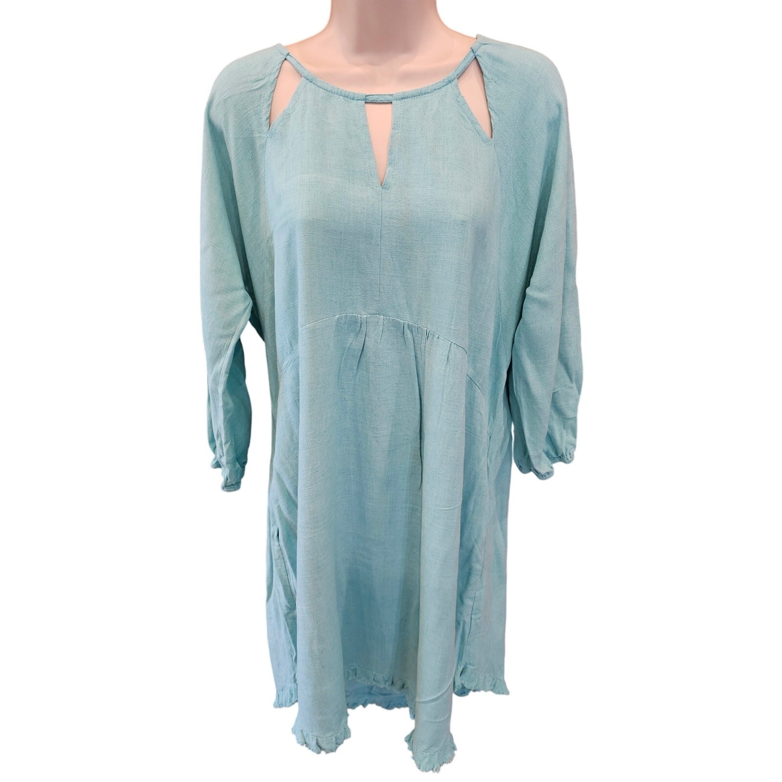 UMGEE raglan peasant botique dress with pockets blue guaze linen blend EUC S