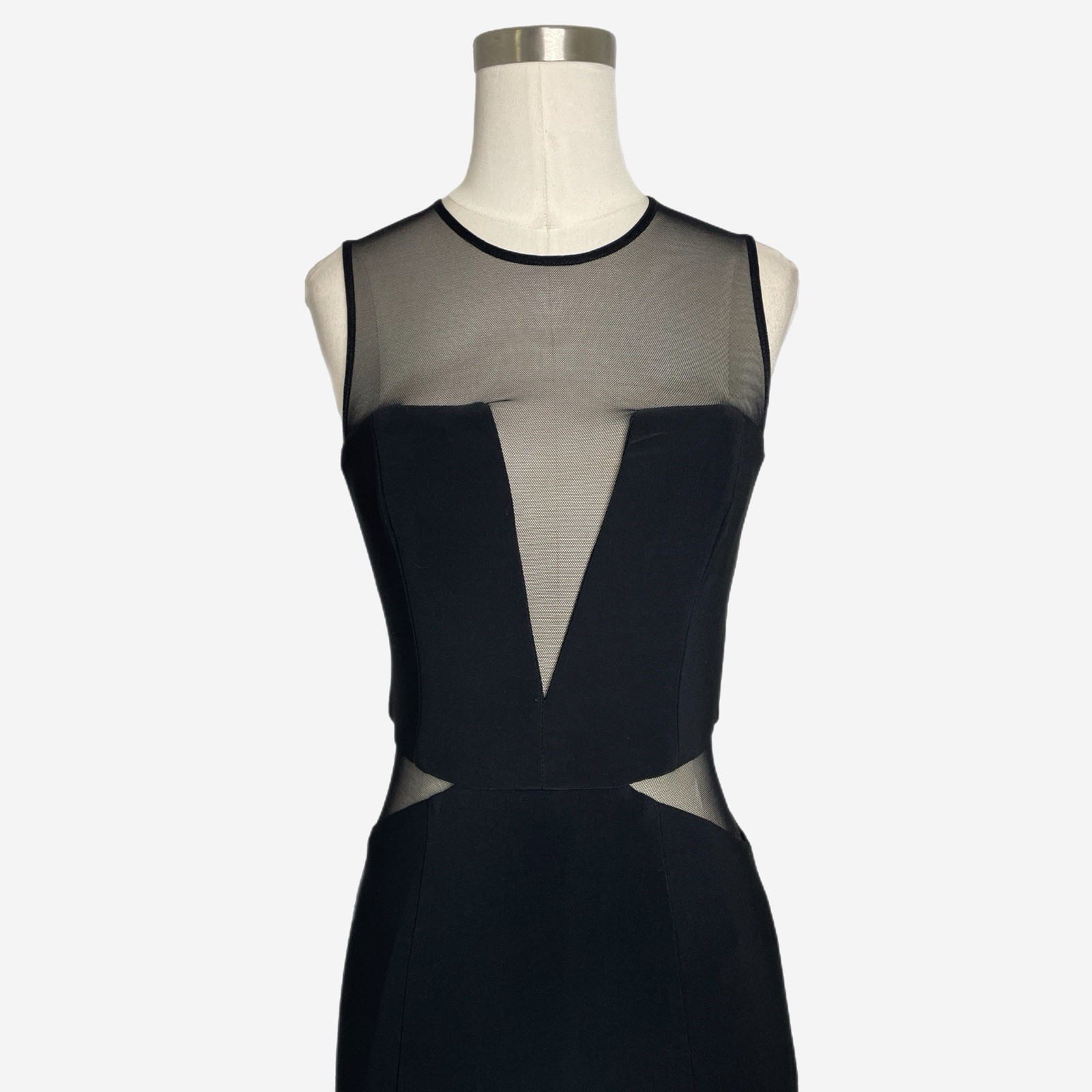 Caché Black sleeveless illusion paneled cut out sheer mermaid maxi gown formal 2