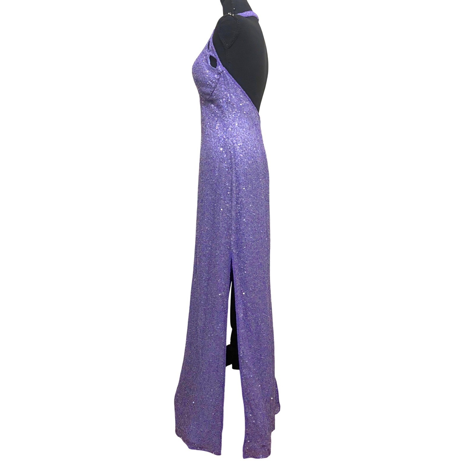 Vintage Scala Silk Beaded Sequin Halter Gown Purple Formal Evening Prom Dress
