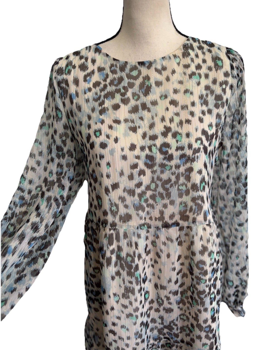 Ann Taylor Loft Shift Dress Gray Blue Green Animal Print Lined Lightweight Large