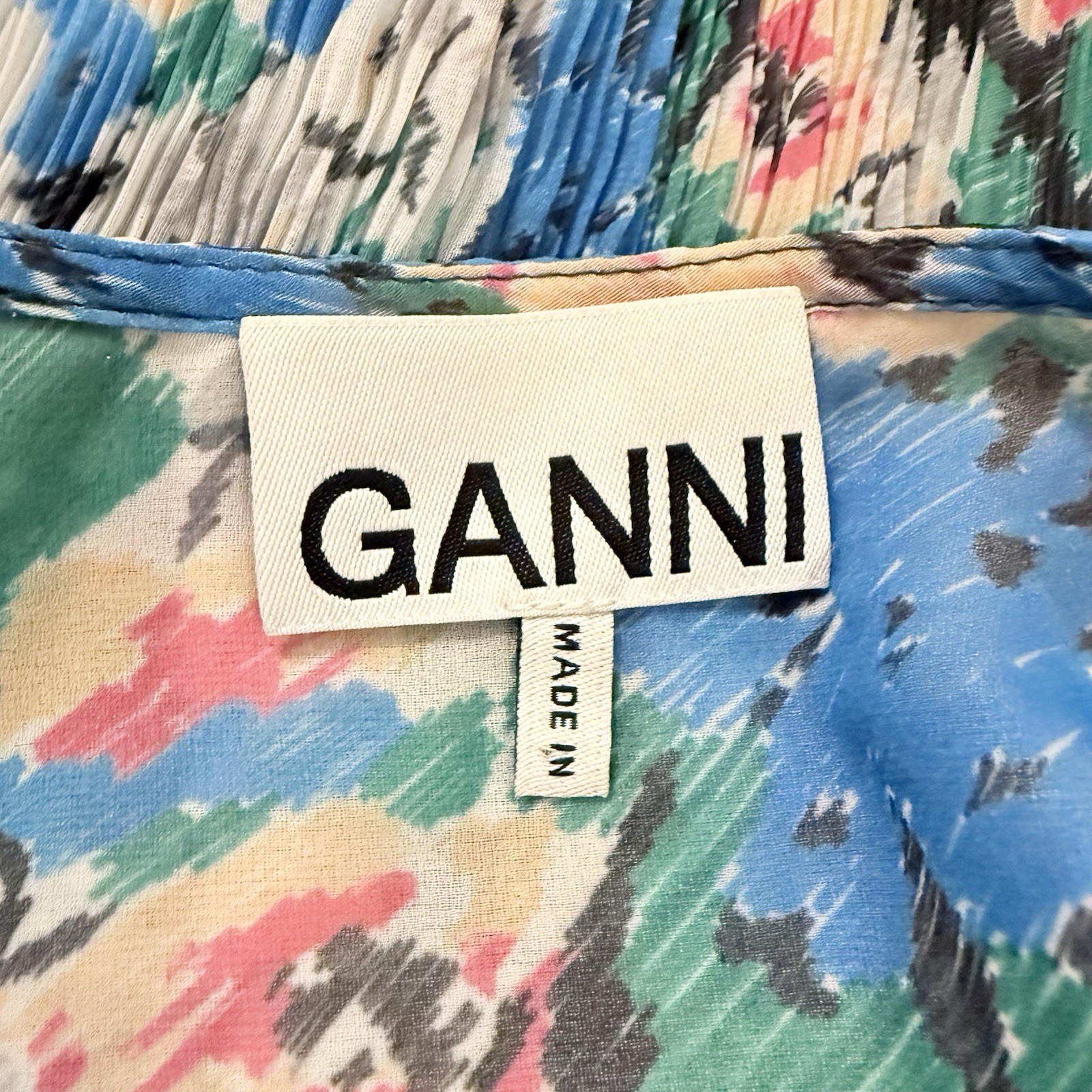 Ganni Midi Dress Georgette Pleated Floral Azul Blue Puff Sleeve Size 40/L Spring