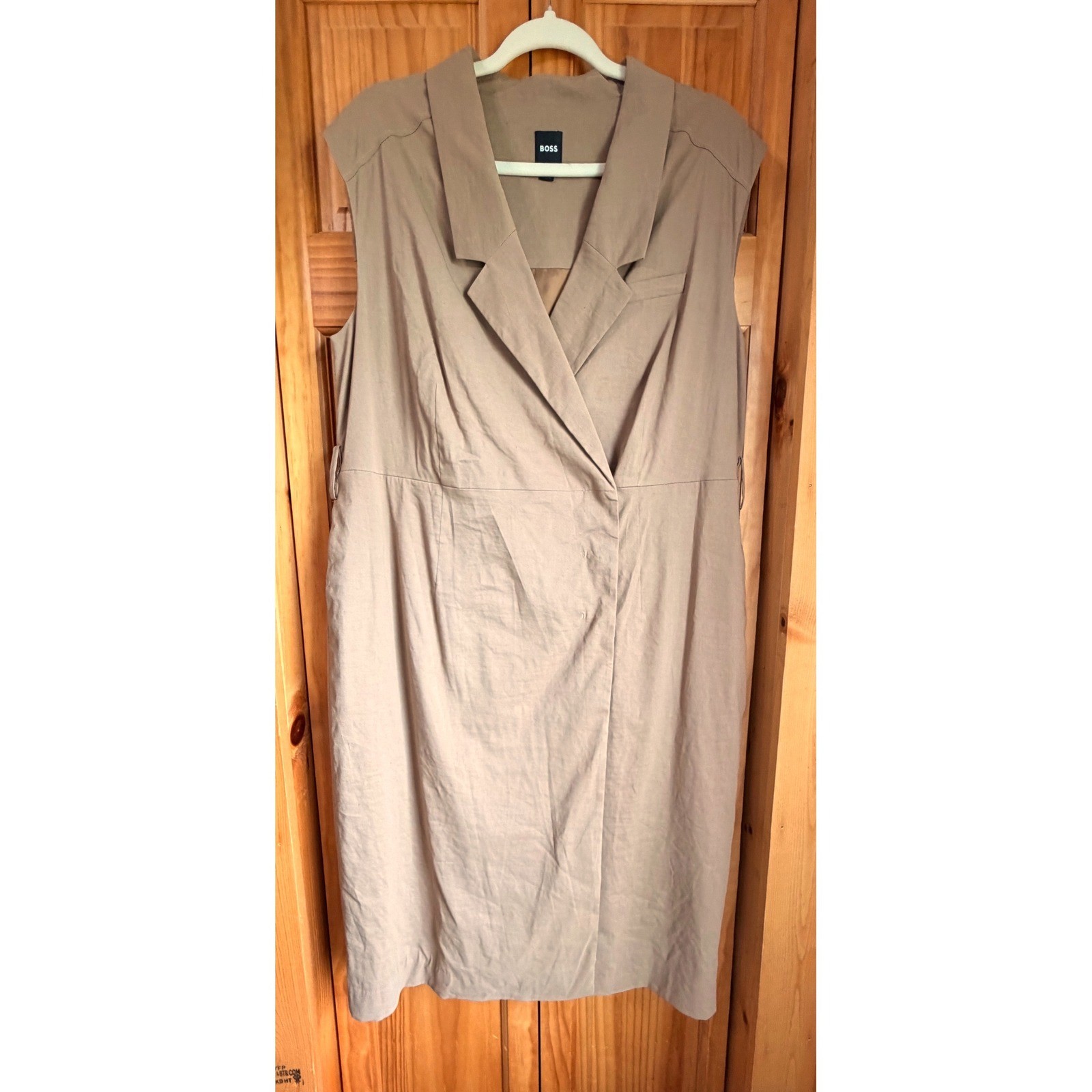 BOSS Hugo Boss Sleeveless Blazer Wrap Dress Camel Brown Linen Blend Womens Sz 16