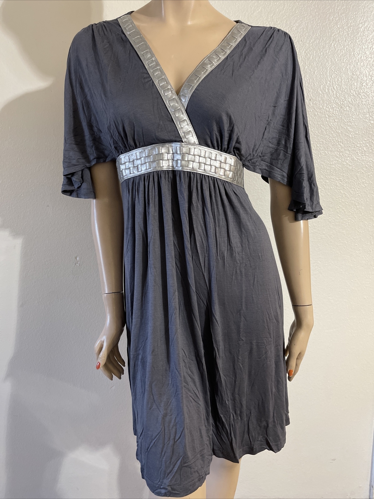 Women’s Grey Rayon Faux Leather Casual Summer Open Stretch Size S Dress Tunic