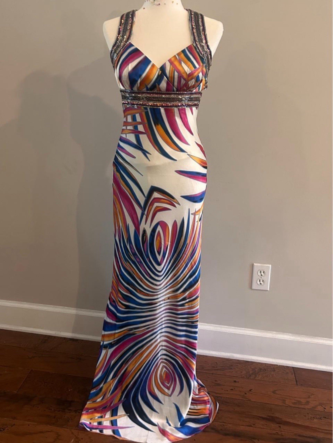Dave & Johnny Multicolor Abstract Beaded Satin Backless Gown Dress Size 3/4