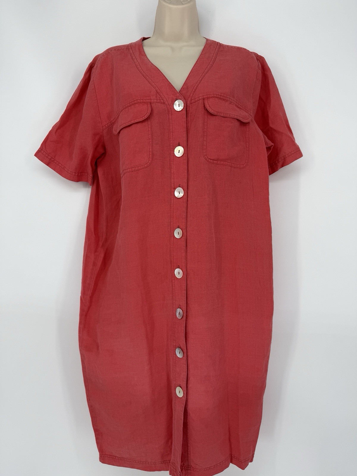 Tess Linen Midi Sheath Dress Vintage Size 12 Red Abelone Button Up Coastal