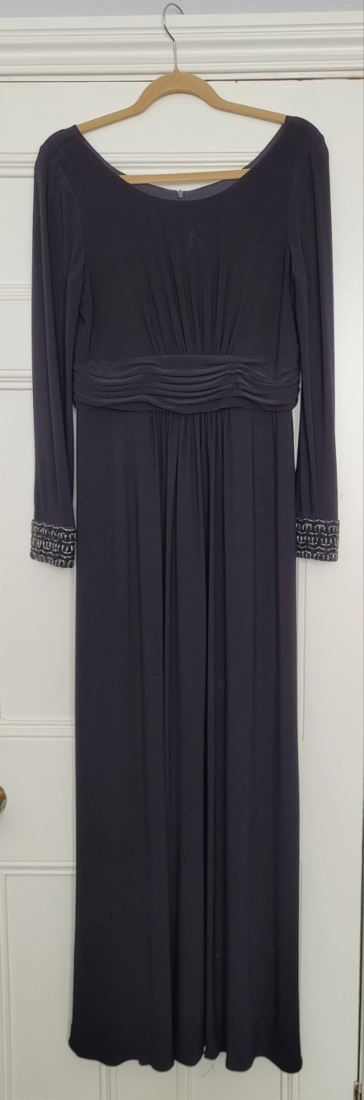 Long black long-sleeved Ariella evening dress fully lined beaded cuff size 14