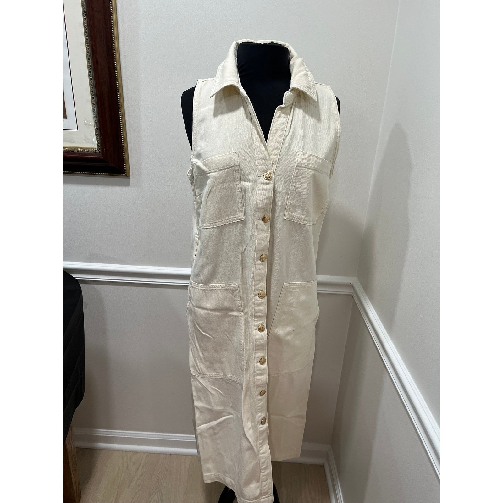 Michael Kors Womens Cream Denim Sleeveless Button Front Utility Midi Dress Large