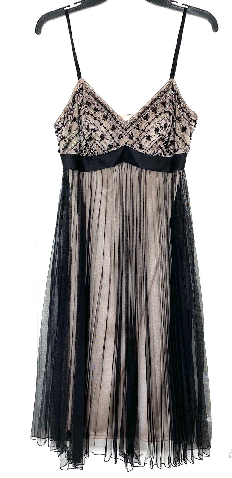 SUE WONG NOCTURNE Black Nude Beaded Sequin Embellished Pleated Mesh Dress 6 US