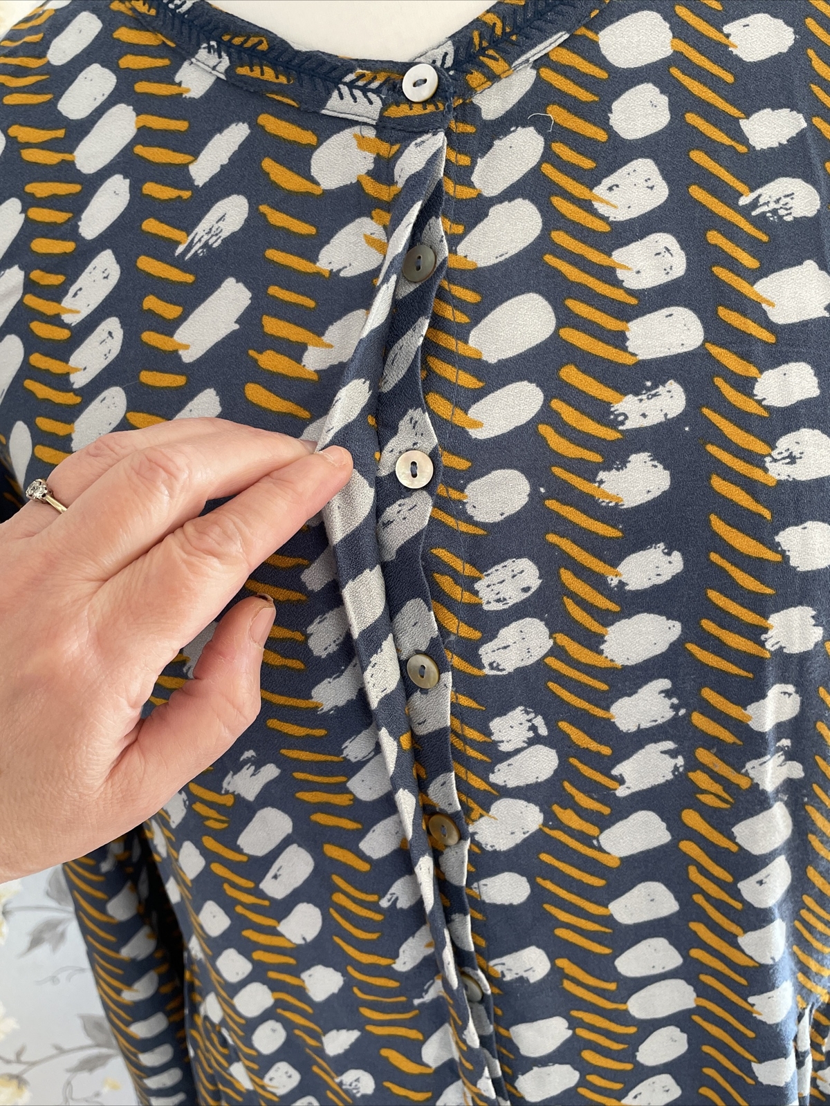 White Stuff Chambray Blue Gold Grey Abstract Print Shirt Dress Ladies Size 12