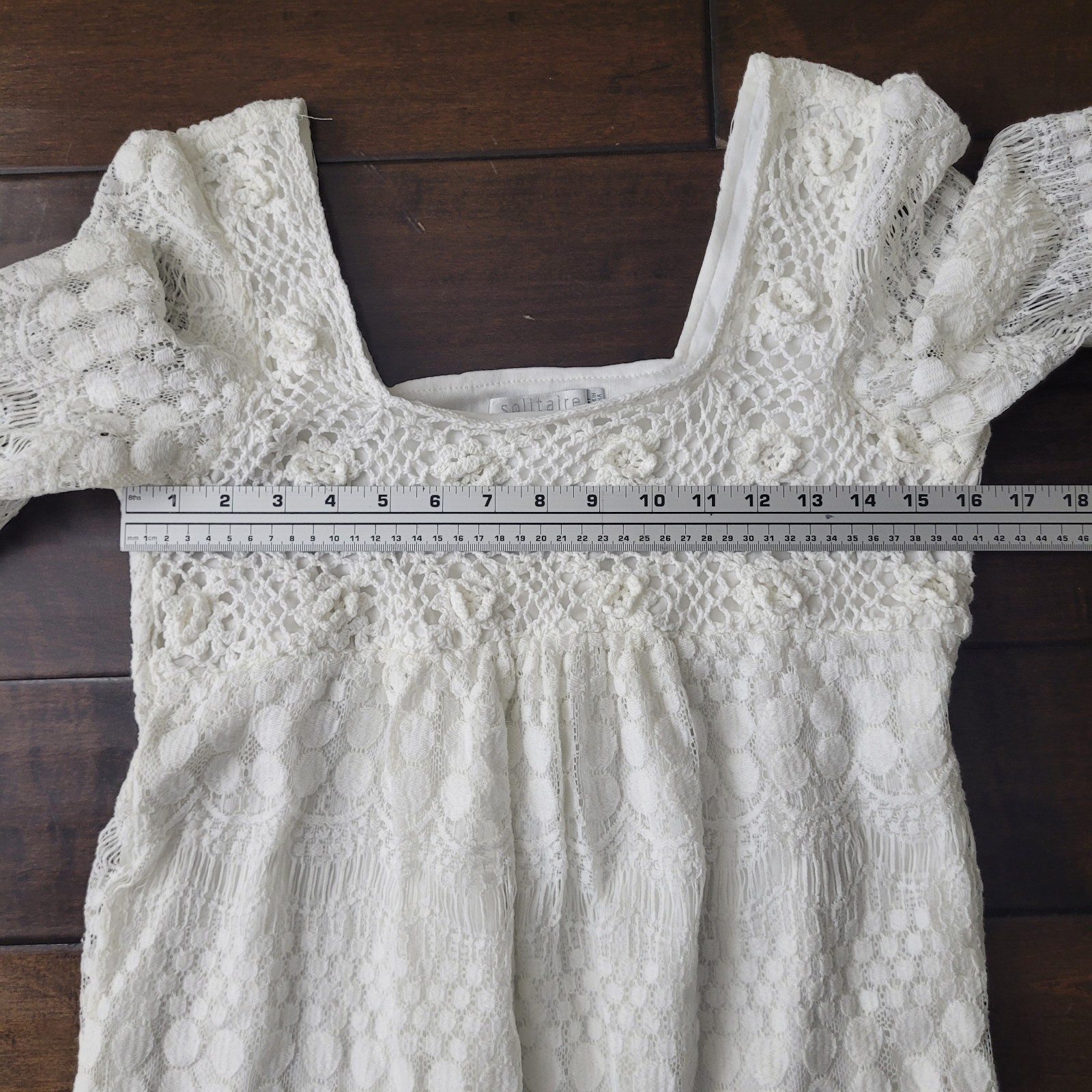 Solitaire Crochet White Knee Length Lined Tiered Dress Fringe Cottagecore Sz Med