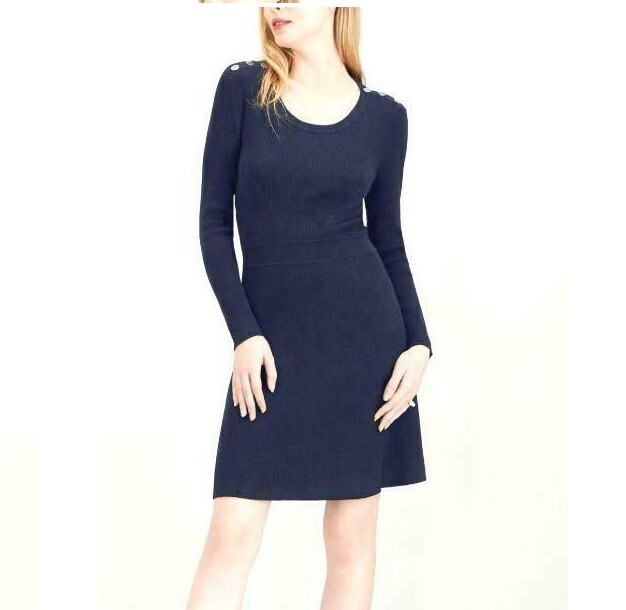 Maison Jules Womens M Blu Notte Textured Long Sleeve Knee Length Dress NEW