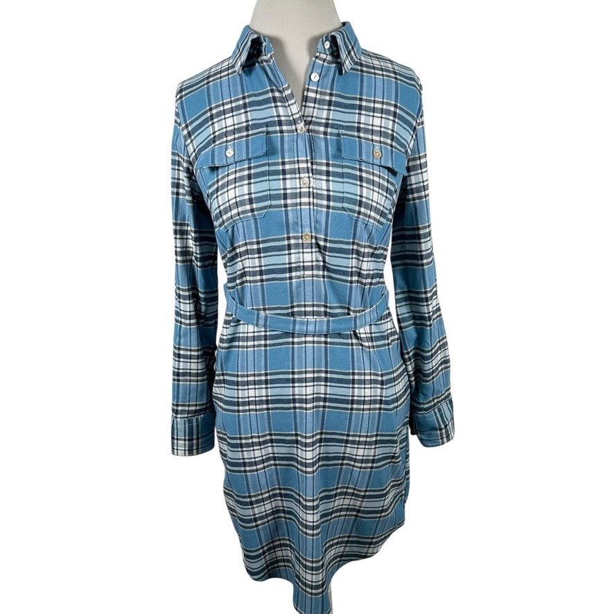 Peter Millar Blue Plaid Shirt Dress Flannel Belted Roll Tab Slvs Preppy Size S