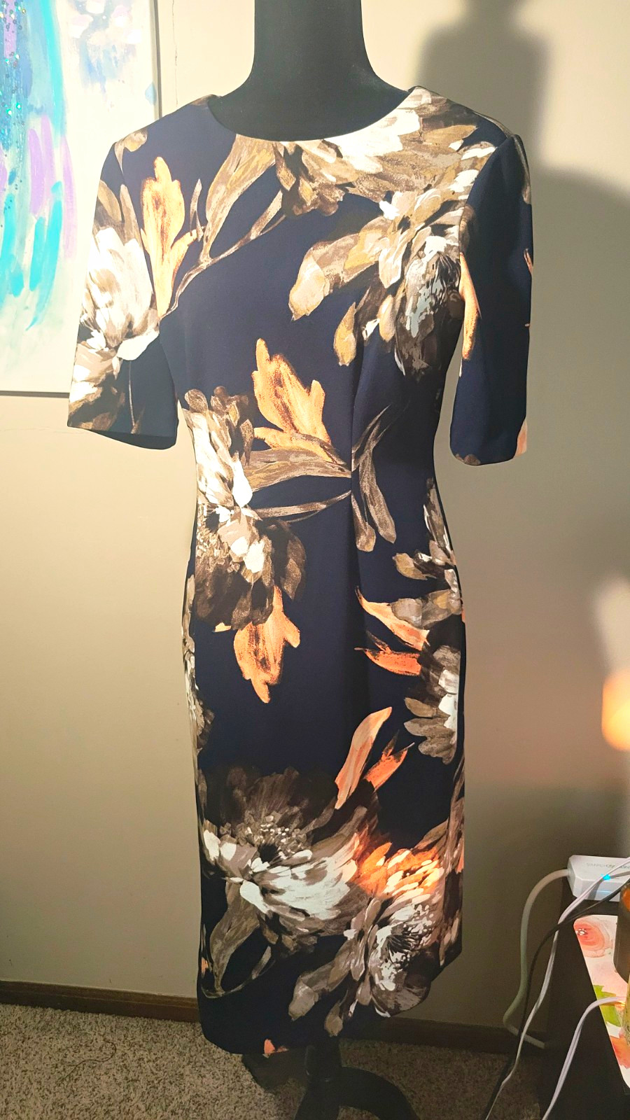 Liz Claiborne Floral Sheath Dress Blue Beige White Half Sleeve Knee Length 8