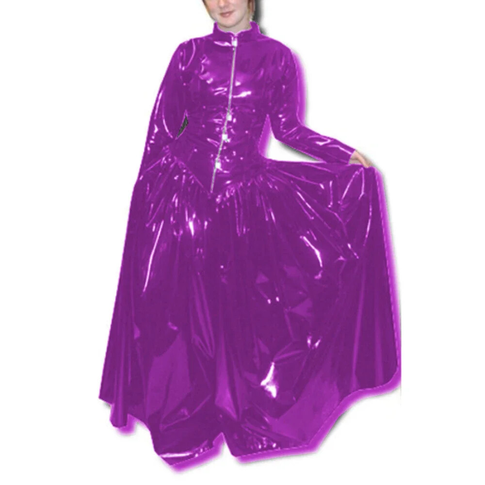 Lockable Spandex PVC Leather Long Dresses Exotic Party Wetlook Pleated Dress