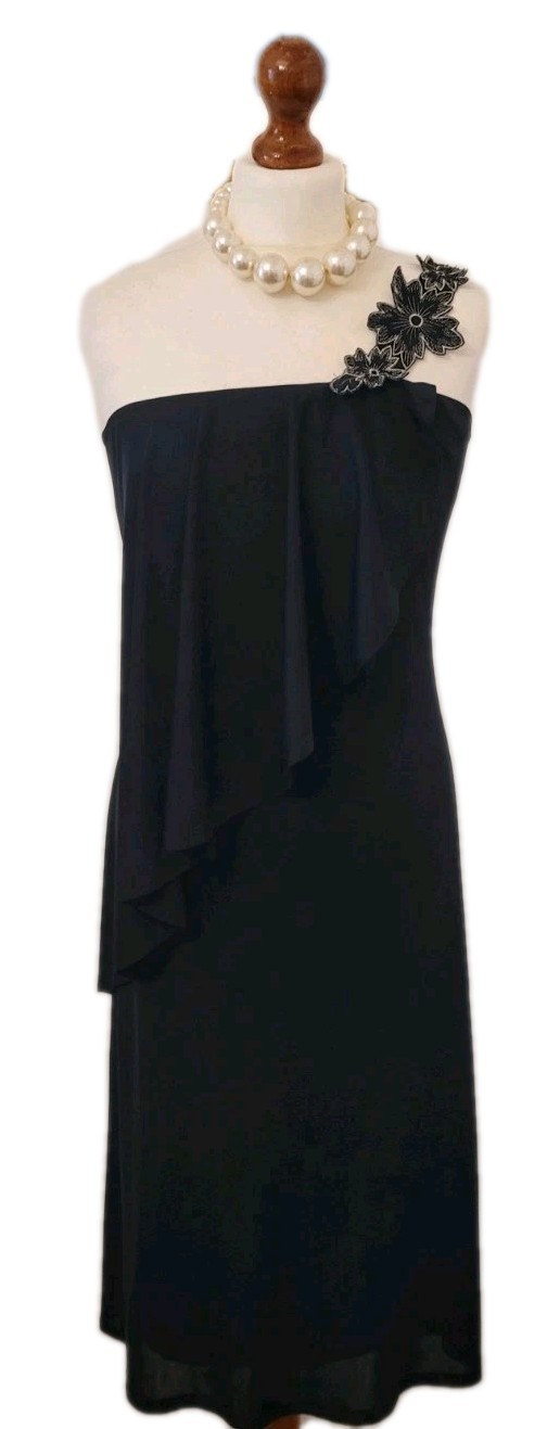 CLAUDIE AMOS Vintage Black One Shoulder Floral Applique Dress UK8 Made In UK