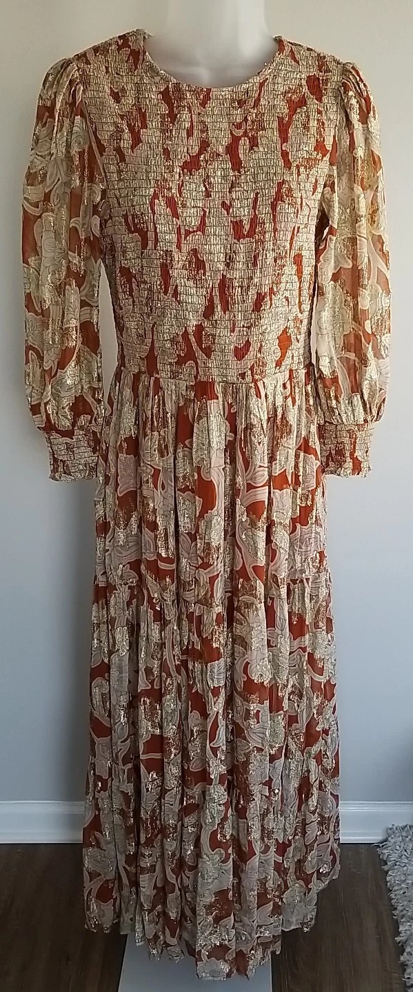 Boden Smocked Jacquard Maxi Dress Rust Copper Paisley Gold Metallic US 8 EUC