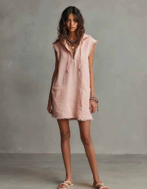 Women V-Neck Sleeveless Hooded Tunic Dress Linen Blend Casual Raw Edge Mini Dres