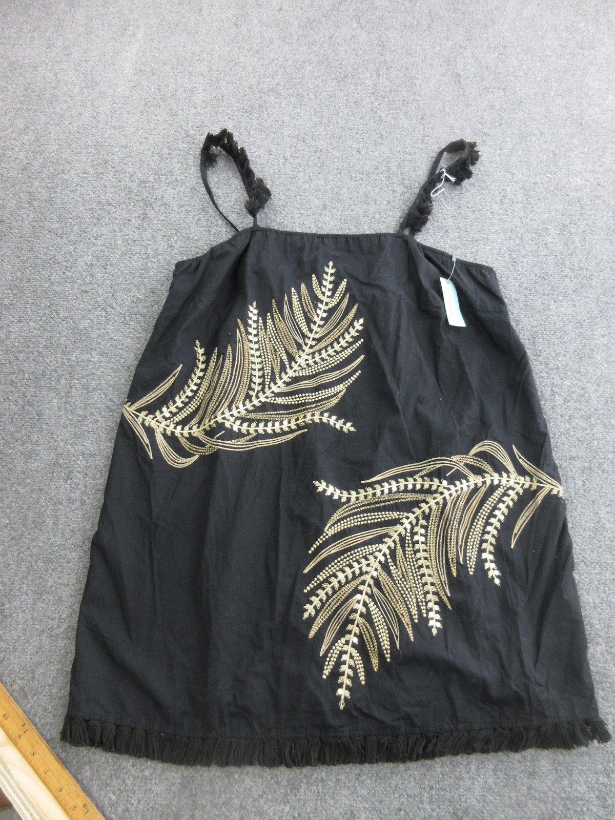 Anthropologie Dress Womens 1X Black Embroidered Fringe Sequin A Line Sundress
