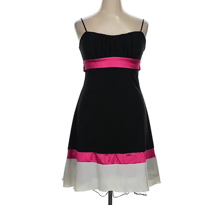 READ! Vintage Y2K Black & Pink Colorblock Satin Ribbon Tie-Back Babydoll Dress