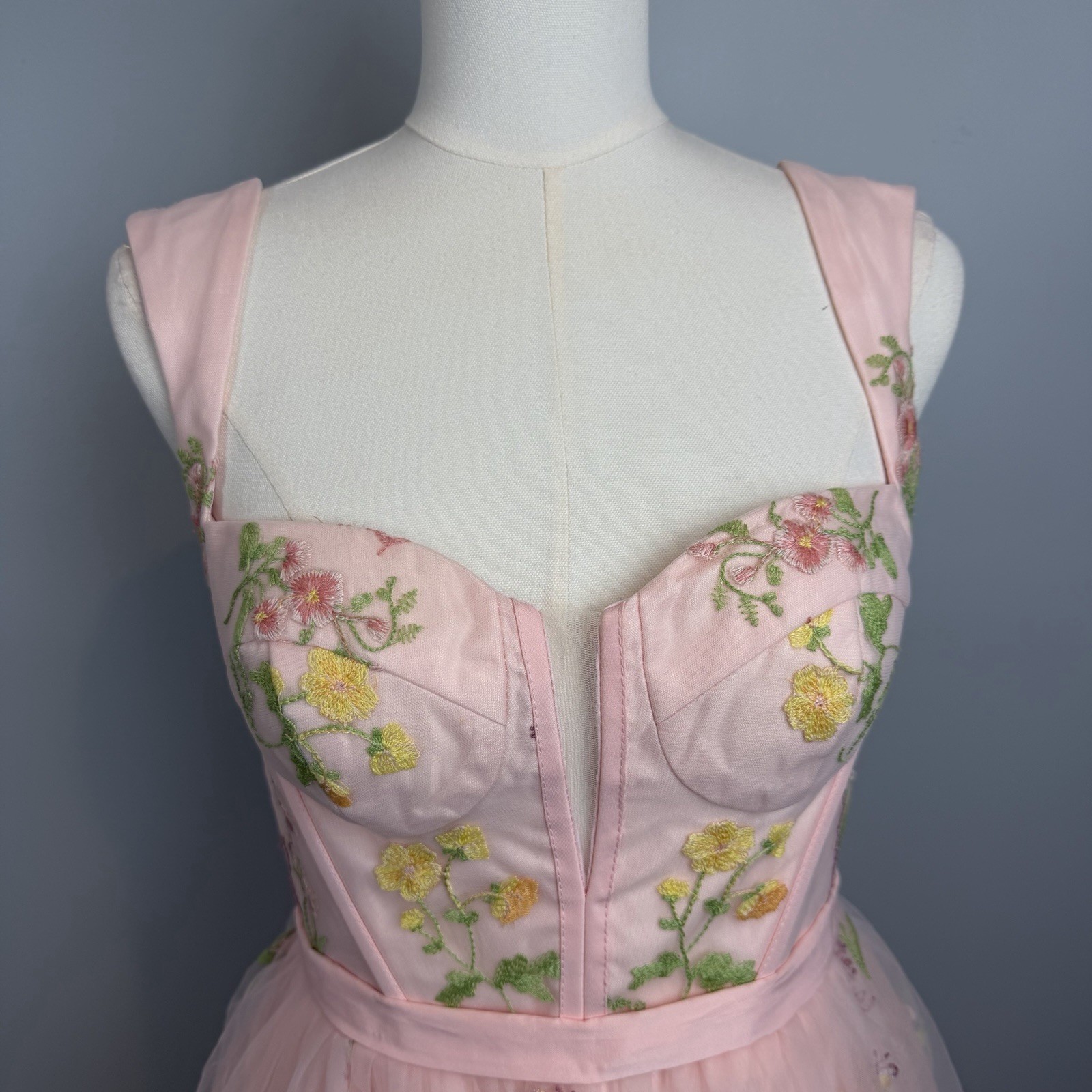 Pink Tulle Mini Dress Fairycore Lace-Up Corset Romantic Embroidered Floral Sz 8
