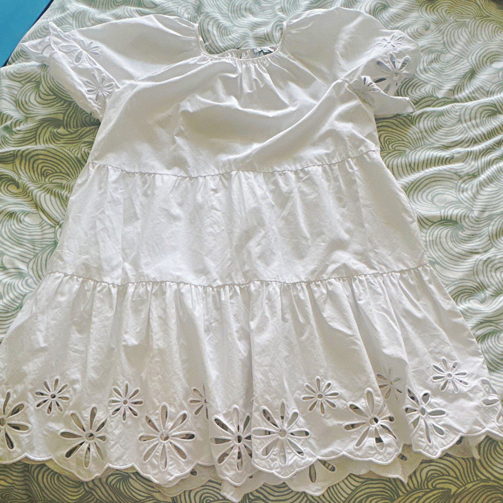 Rails White Cotton Mini Dress Smocked Embroidered Eyelet Hem L