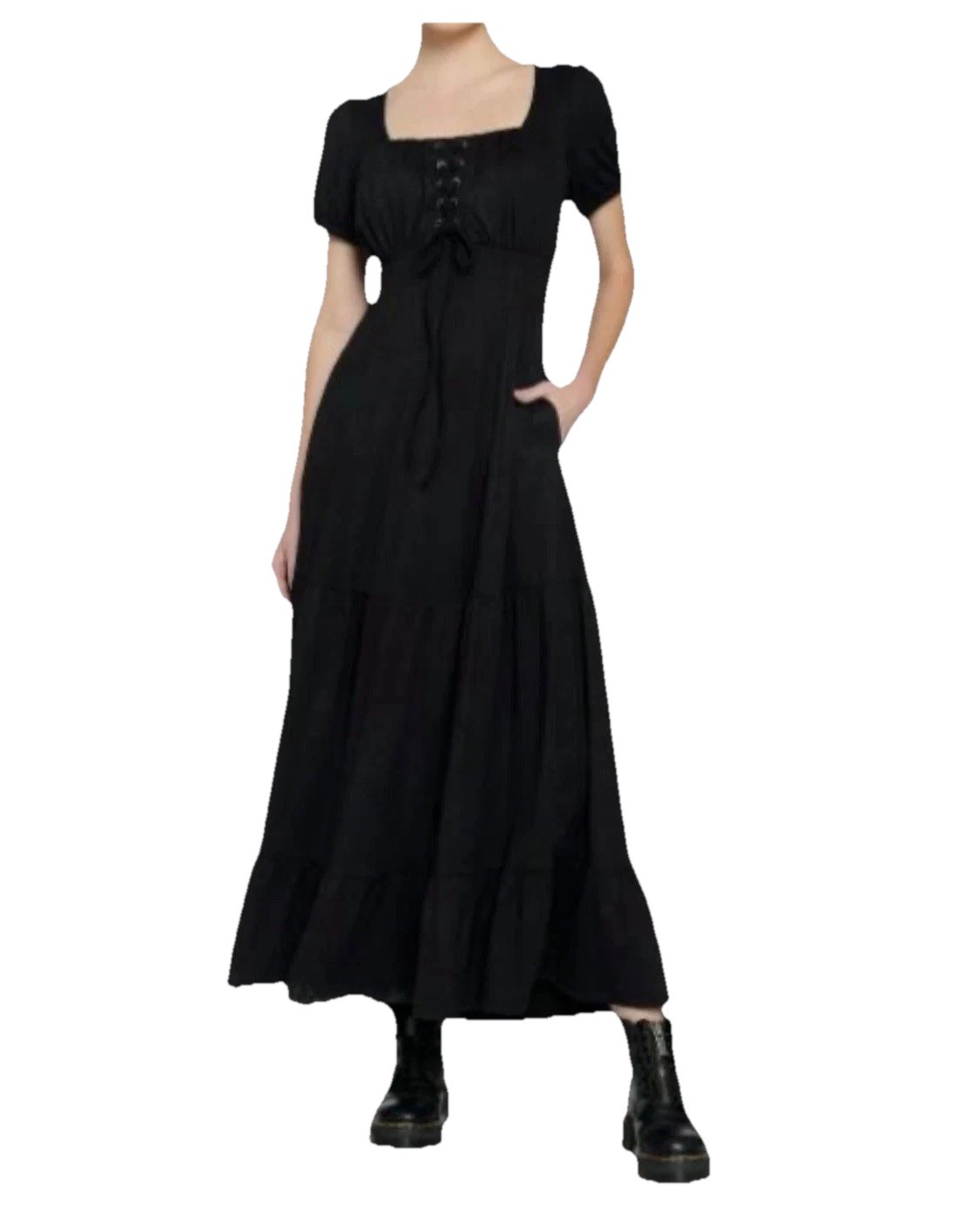 Hot Topic Black Empire Maxi Dress XL Pockets Goth Whimsigoth Lace Up Long VGC