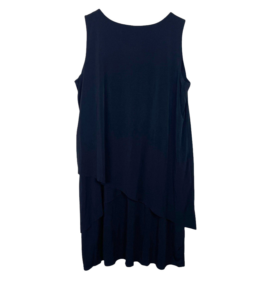 SUSAN GRAVER Liquid Knit BLACK TANK MIDI DRESS Asymmetric Shift Tiered SZ L
