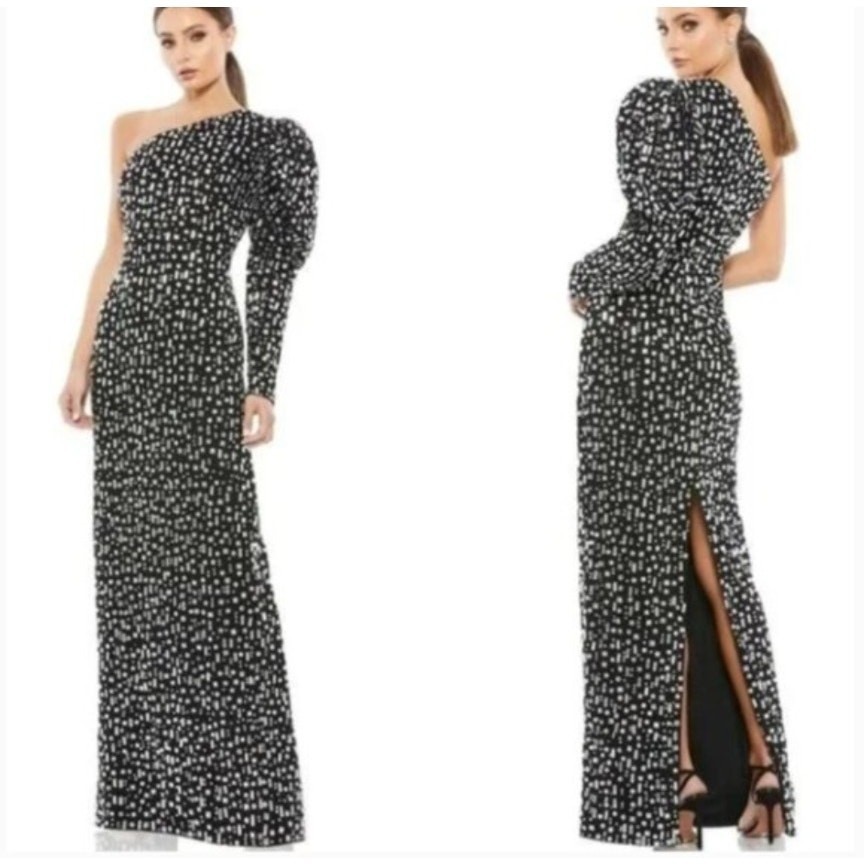 Mac Duggal One Shoulder Black Silver Crystal Puff Sleeve Back Slit Gown 8 NWT