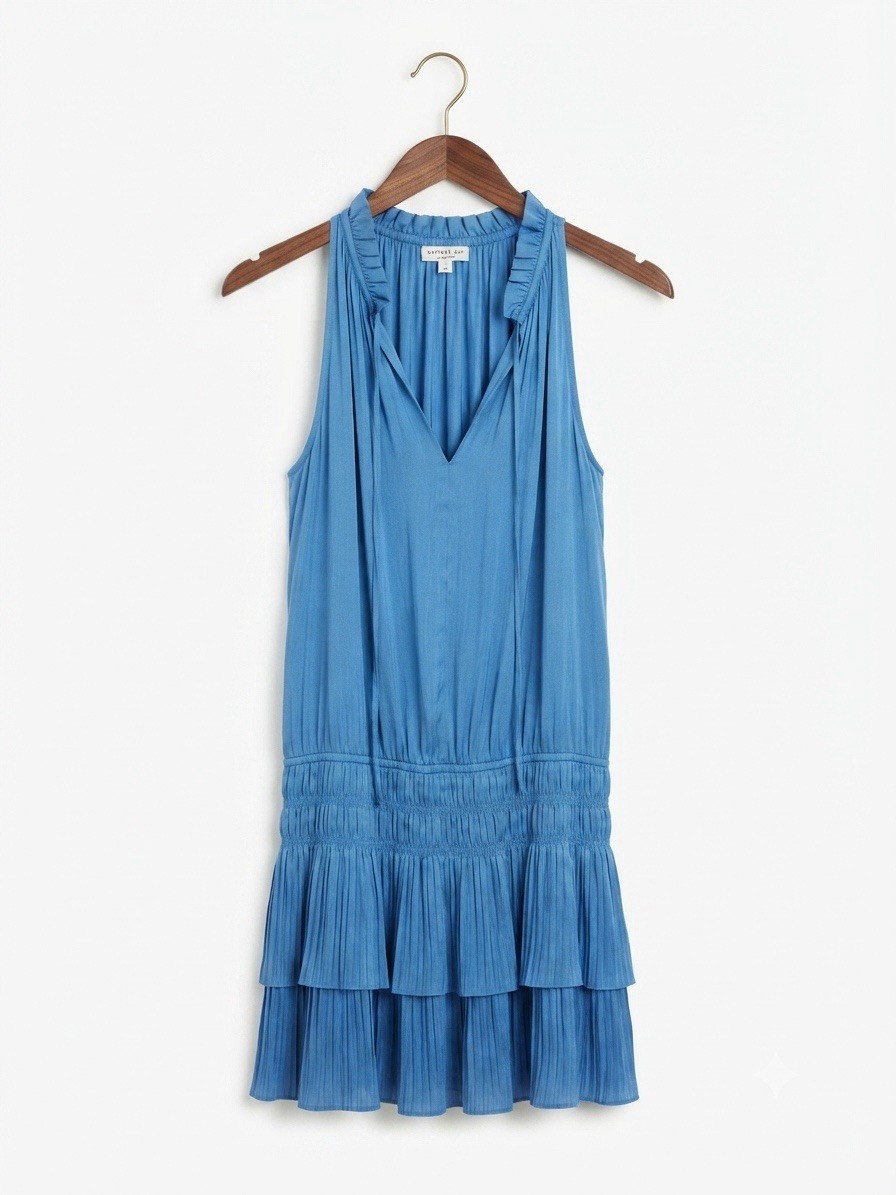 Current Air Cara Sleeveless Ruffle Neck Pleated Teal Mini Dress L