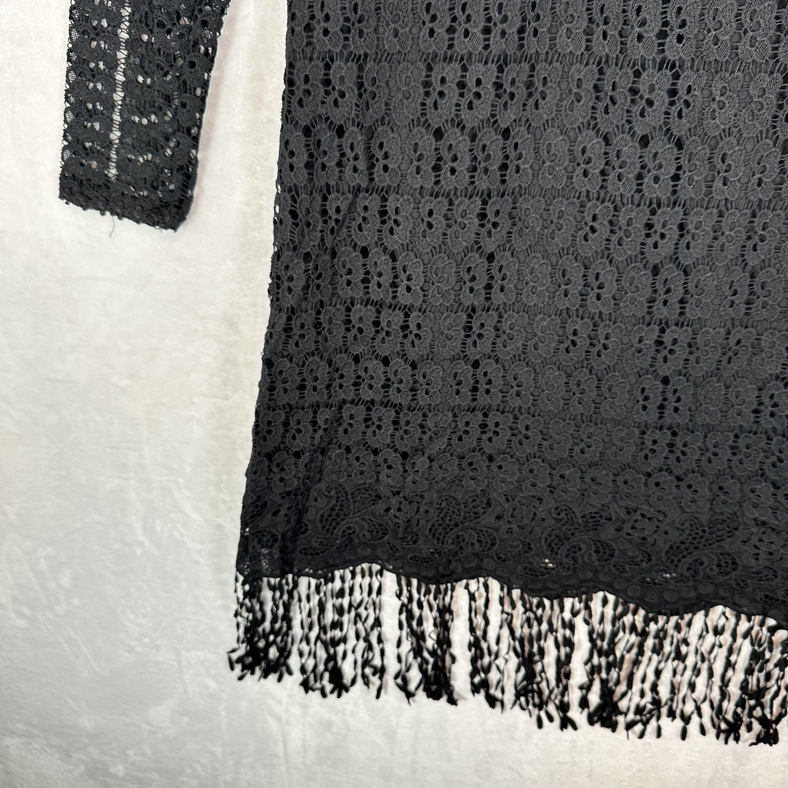Vintage Michael K Dress Womens Small Black Crochet Lace Fringe Hem Boho Y2K