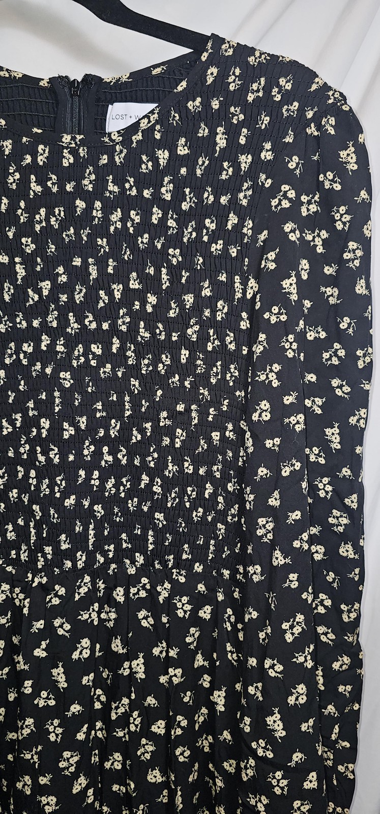 Lost + Wander Twilight DreamsDress Black Floral Smocked Long Sleeve Midi Boho S