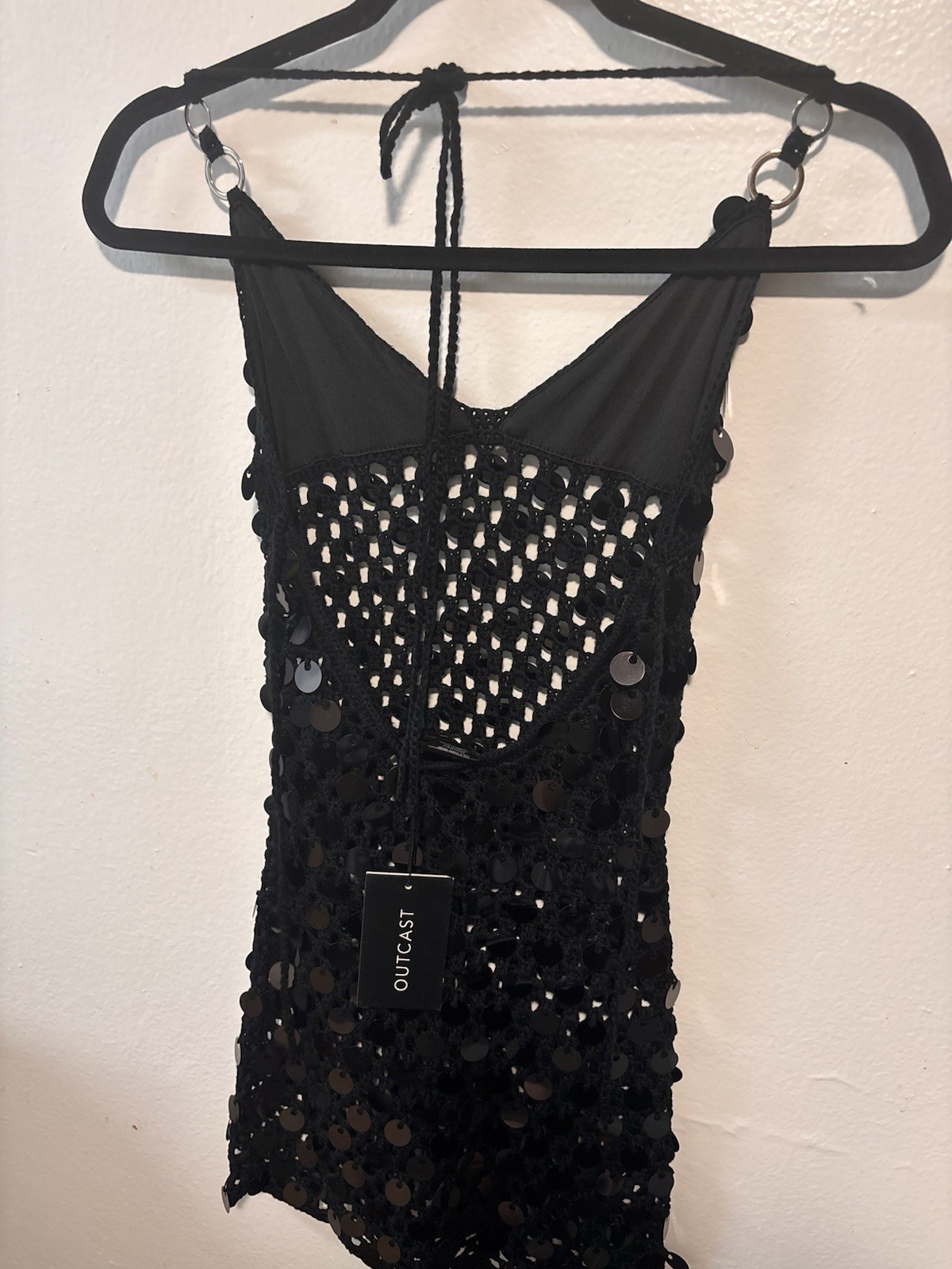 Freya Mini Dress Black Sequin Mesh Halter Bodycon Women’s NWT Size S