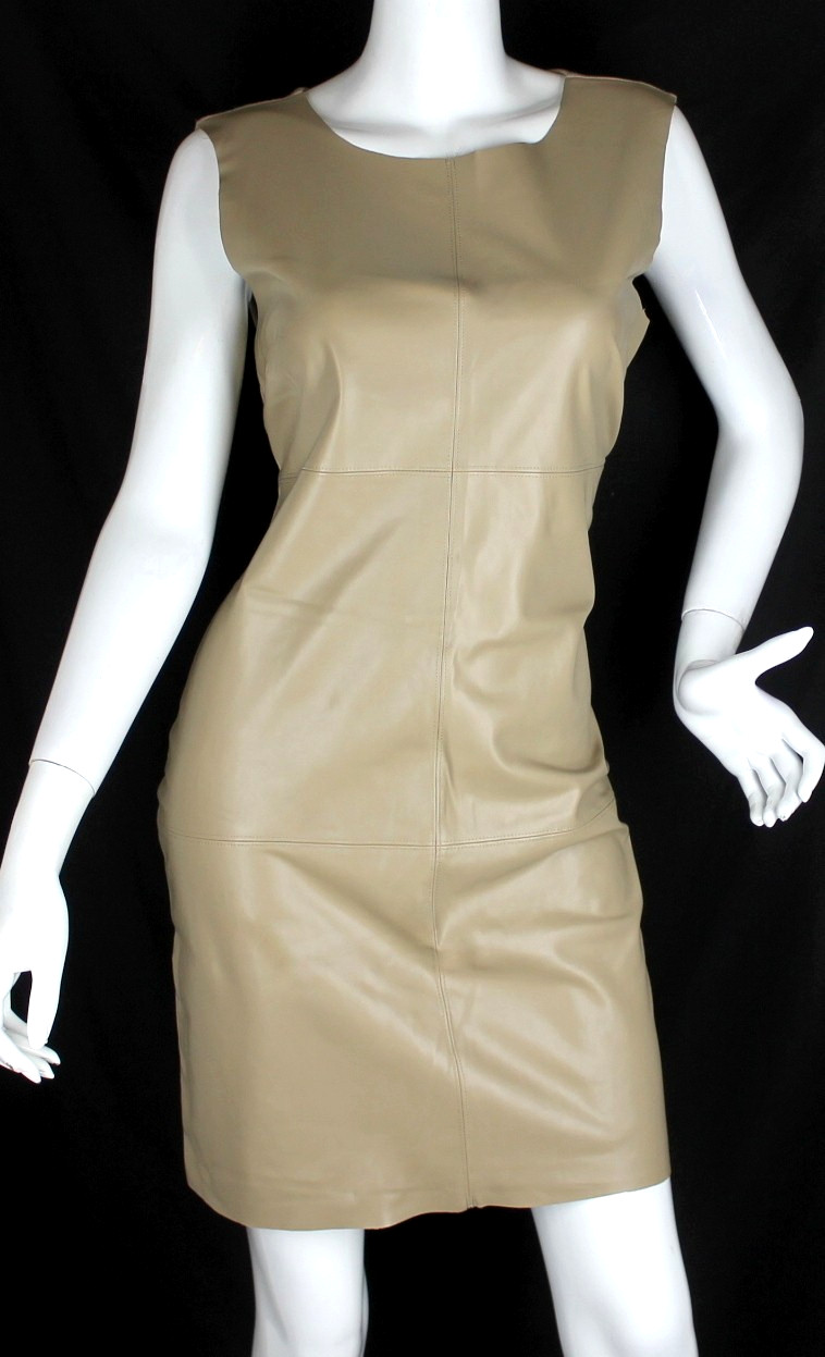 {NEIMAN MARCUS} Dress Sz. M Beige Sheath Faux Leather Sleeveless Stretch