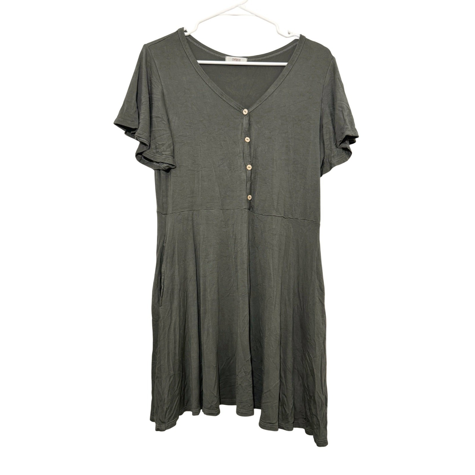 Cherish Green Short Flutter Sleeve V-Neck Pocket Dress Medium Soft Casual Beach