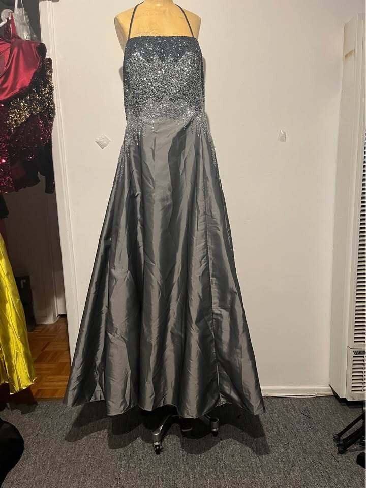 Charcoal Gray Beaded Halter Gown