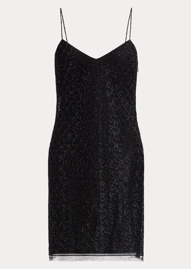 NWT $4190 Ralph Lauren Collection Colin Logo Beaded Mini Black Dress Sz 0