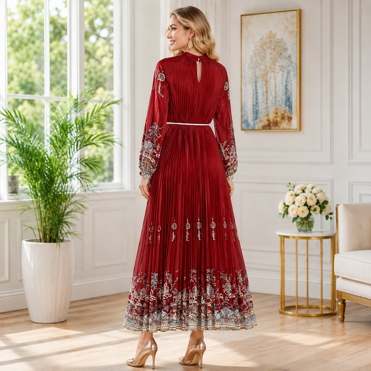 Pleated Tassel Belt Maxi Dress – Boho Vintage Print Long Sleeve Dress for Women