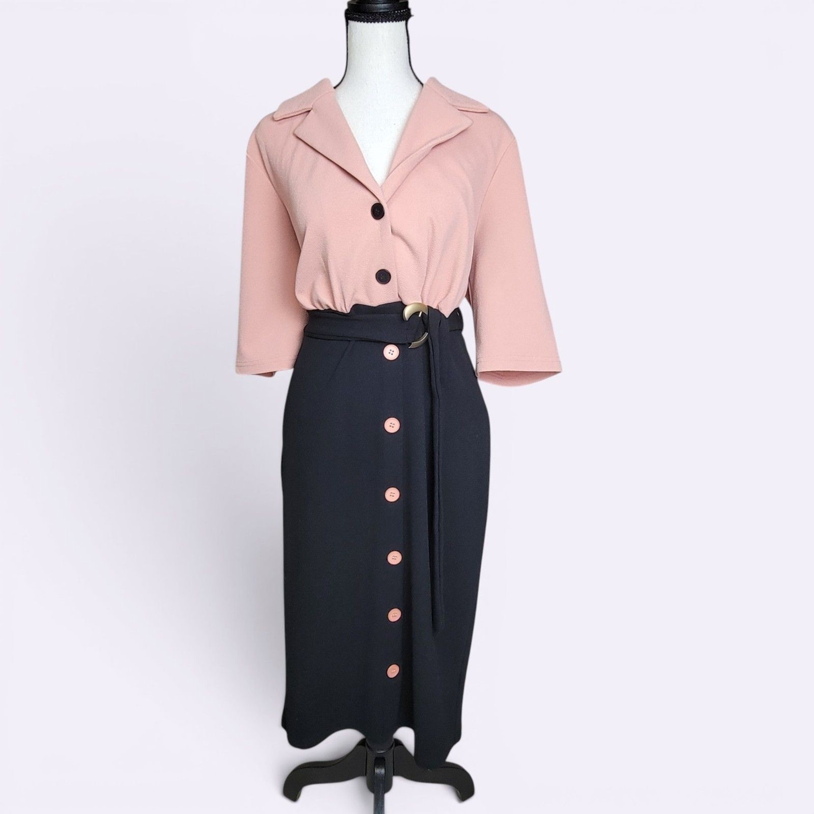 Emery Rose 1XL Pink Black Colorblock Dress Belted Button Front Retro Vintage