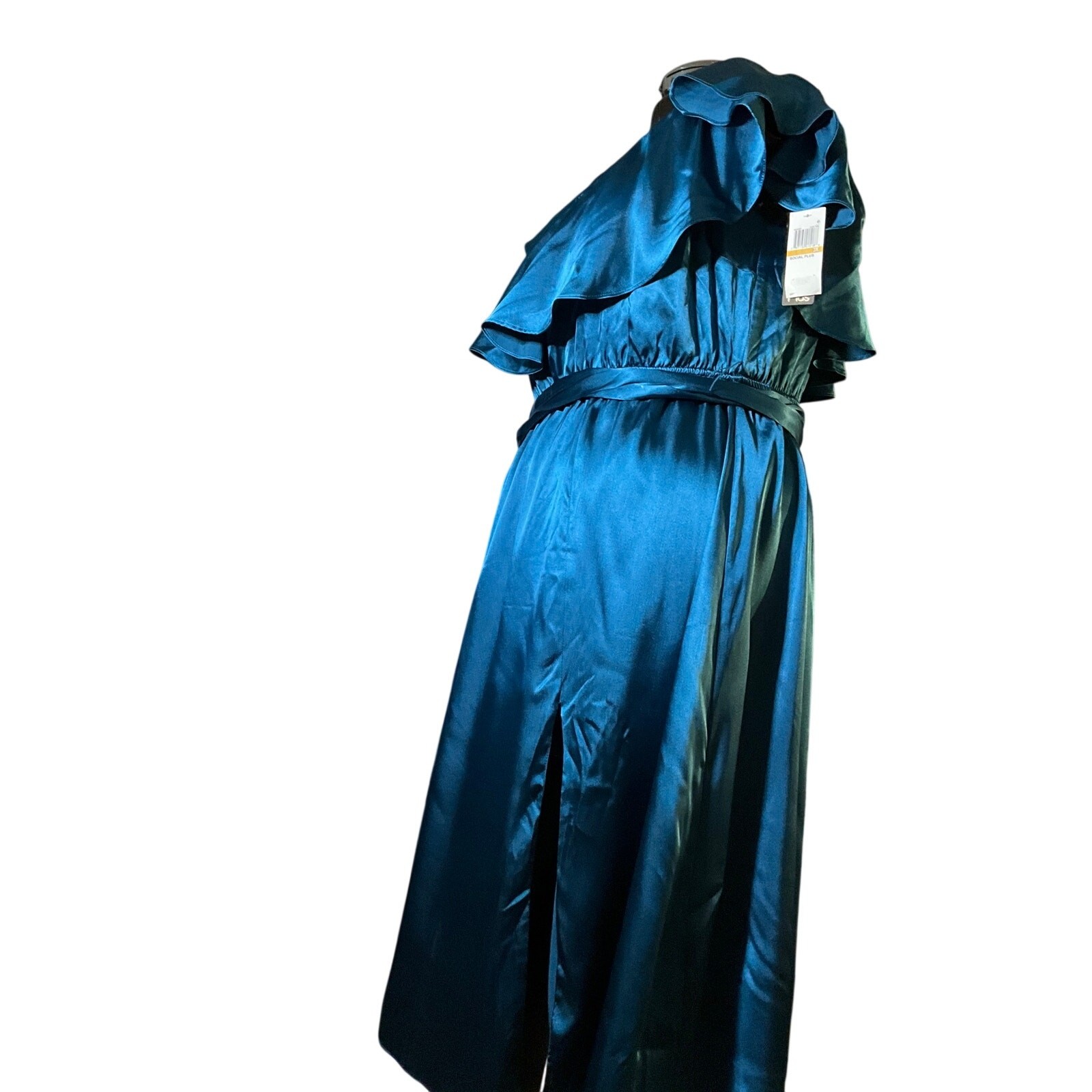 Dark Teal Satin Off Shoulder Ruffle Formal Midi Dress Wedding Guest NWT Plus 3X