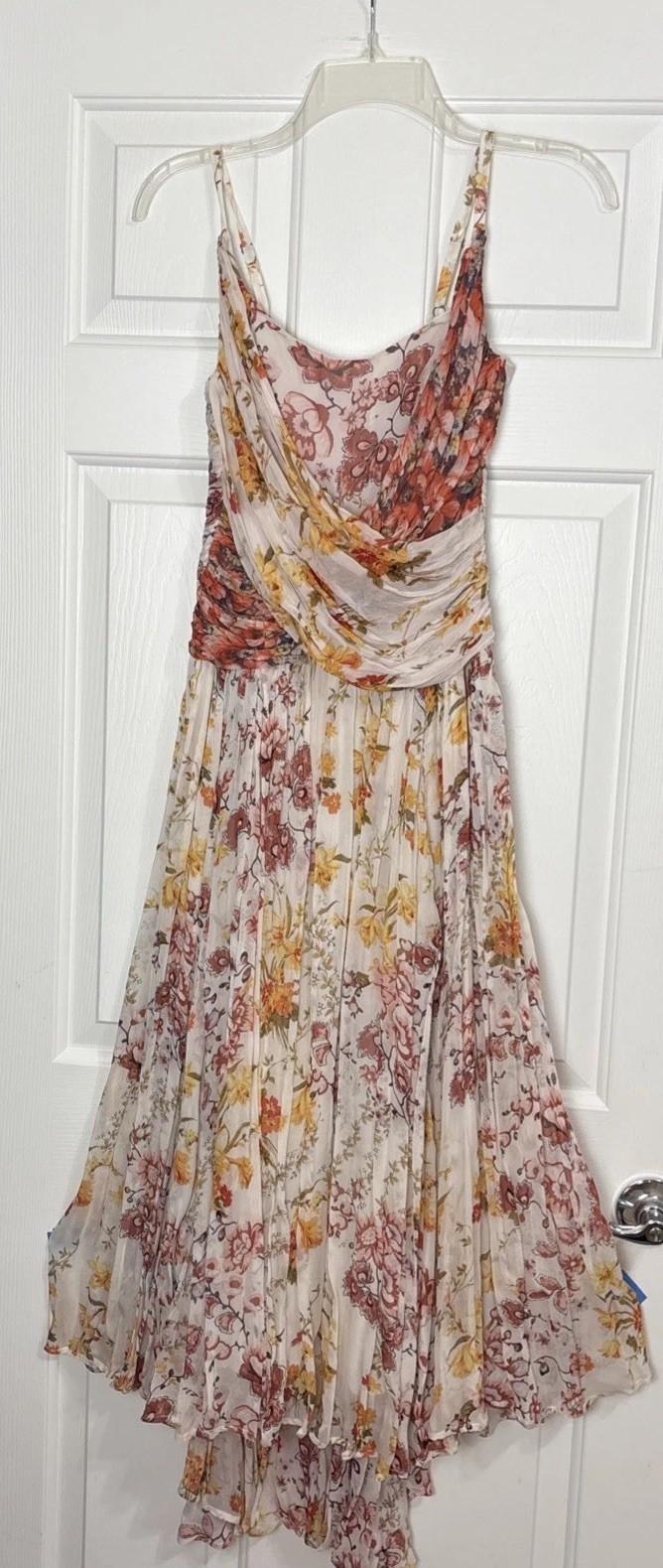 Anthropologie Ruched Midi Dress Size 2 Floral High Low Hem Sleeveless Multicolor