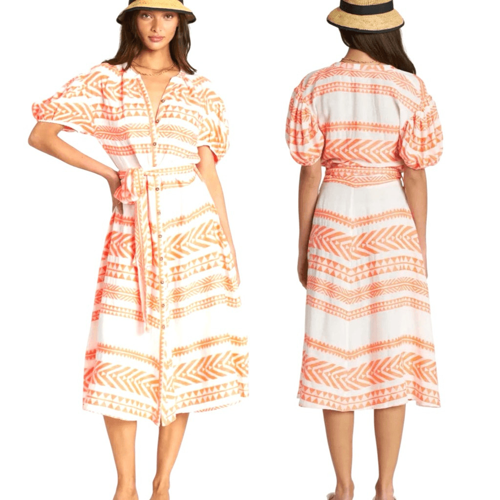 DRA Sera Orange & White Aztec Print Button Down Lined Short Sleeve MIDI Dress Sz