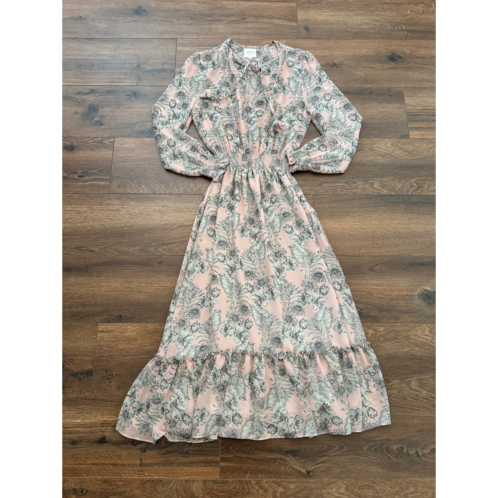 MISA Los Angeles Floral Maxi Dress Pink Grey Smocked Waist Ruffle Tiered XS
